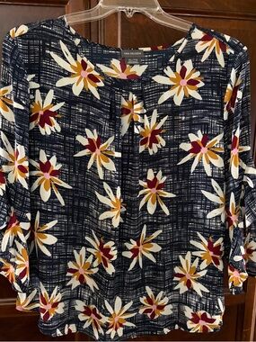 Van Heusen Navy Floral Blouse with White, Mustard & Burgundy Accents